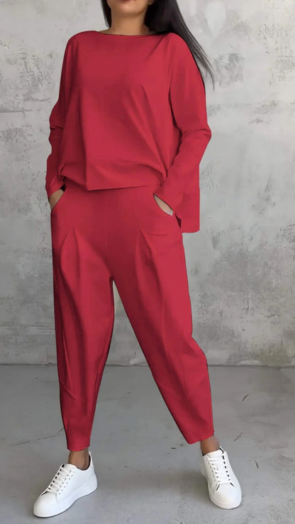 Conjunto de dos piezas de top y pantalón de manga larga con cuello redondo y color liso para mujer
