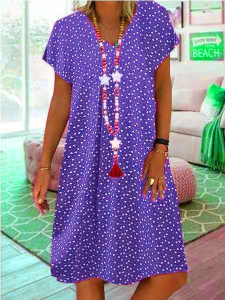 Women Fashion Casual V-Neck Dot Heart Print Dress