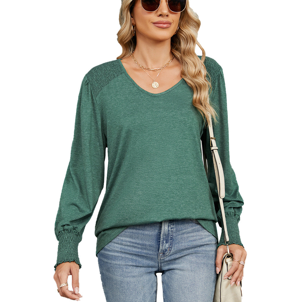 Camiseta informal holgada plisada de color liso con cuello en V y mangas farol para mujer