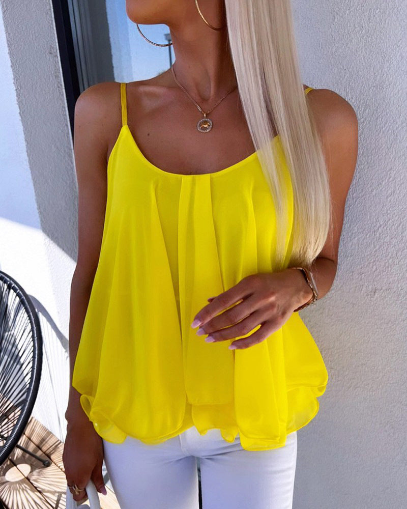 Women Fashion Casual Loose Chiffon Solid Color Spaghetti Strap Tank Top