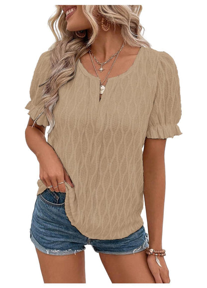 Blusa informal de jacquard de color liso con cuello en V y mangas abullonadas para mujer