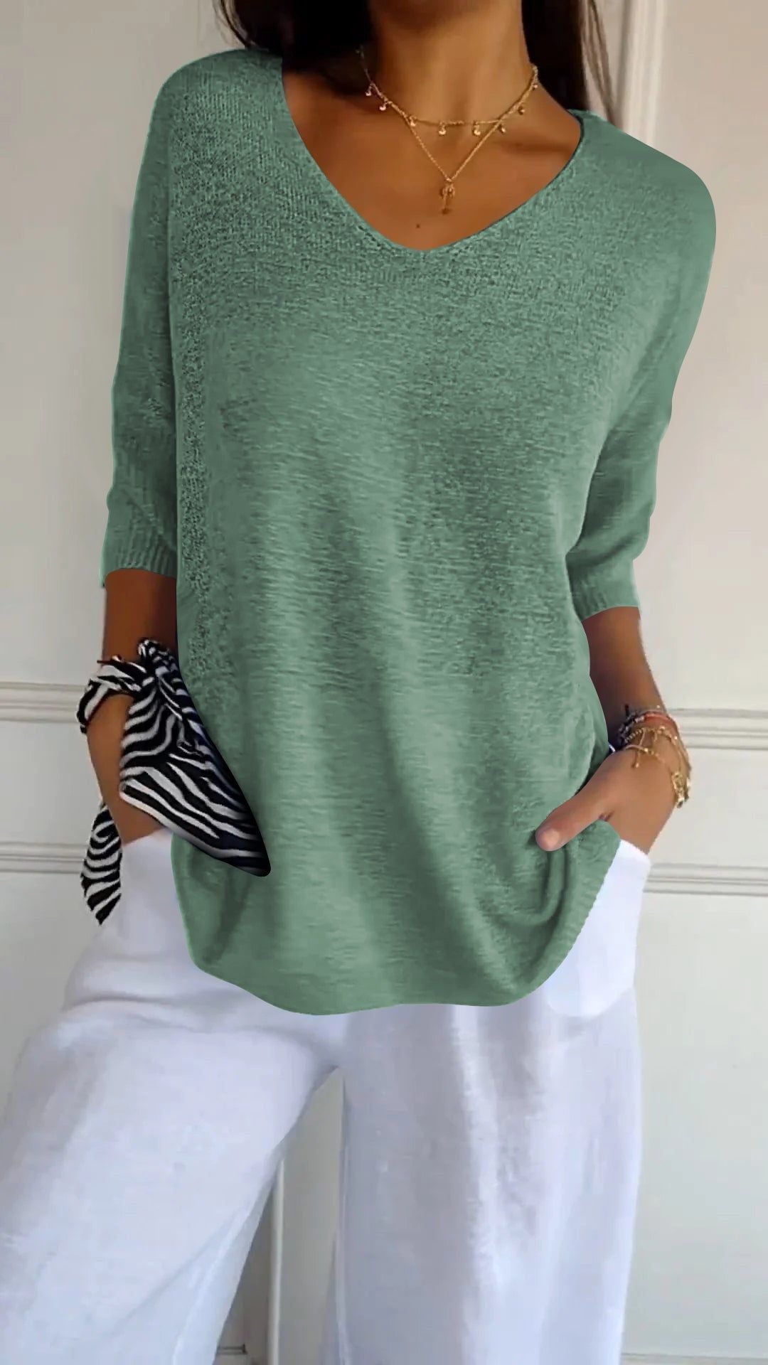 Women Fashion Casual V-Neck Solid Color Knit Sweater