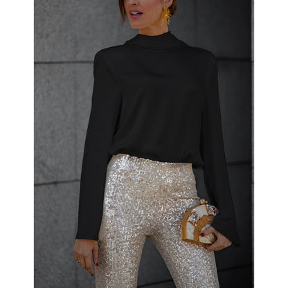 Camisa de manga larga holgada sin espalda de color sólido informal a la moda para mujer