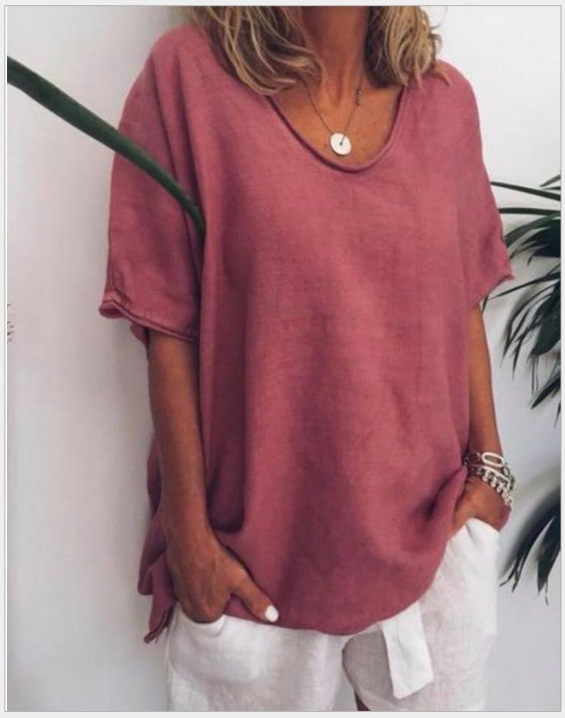 Camiseta informal de verano para mujer, color liso, cuello en V, manga corta, sin mangas
