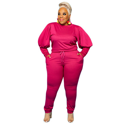 Conjunto de dos piezas de top y pantalones ajustados de talla grande para mujer, básico, informal, de color liso, con mangas largas abullonadas