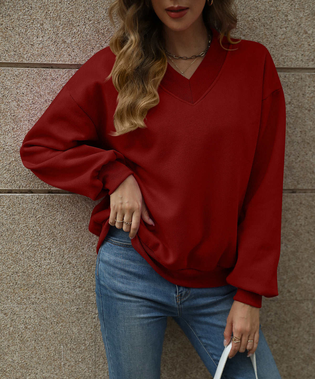 Women Fashion Casual Solid Color V-Neck Fleece-Lined Loose Sweatshirt