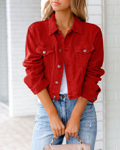 Chaqueta vaquera informal de manga larga con estampado de color liso para mujer