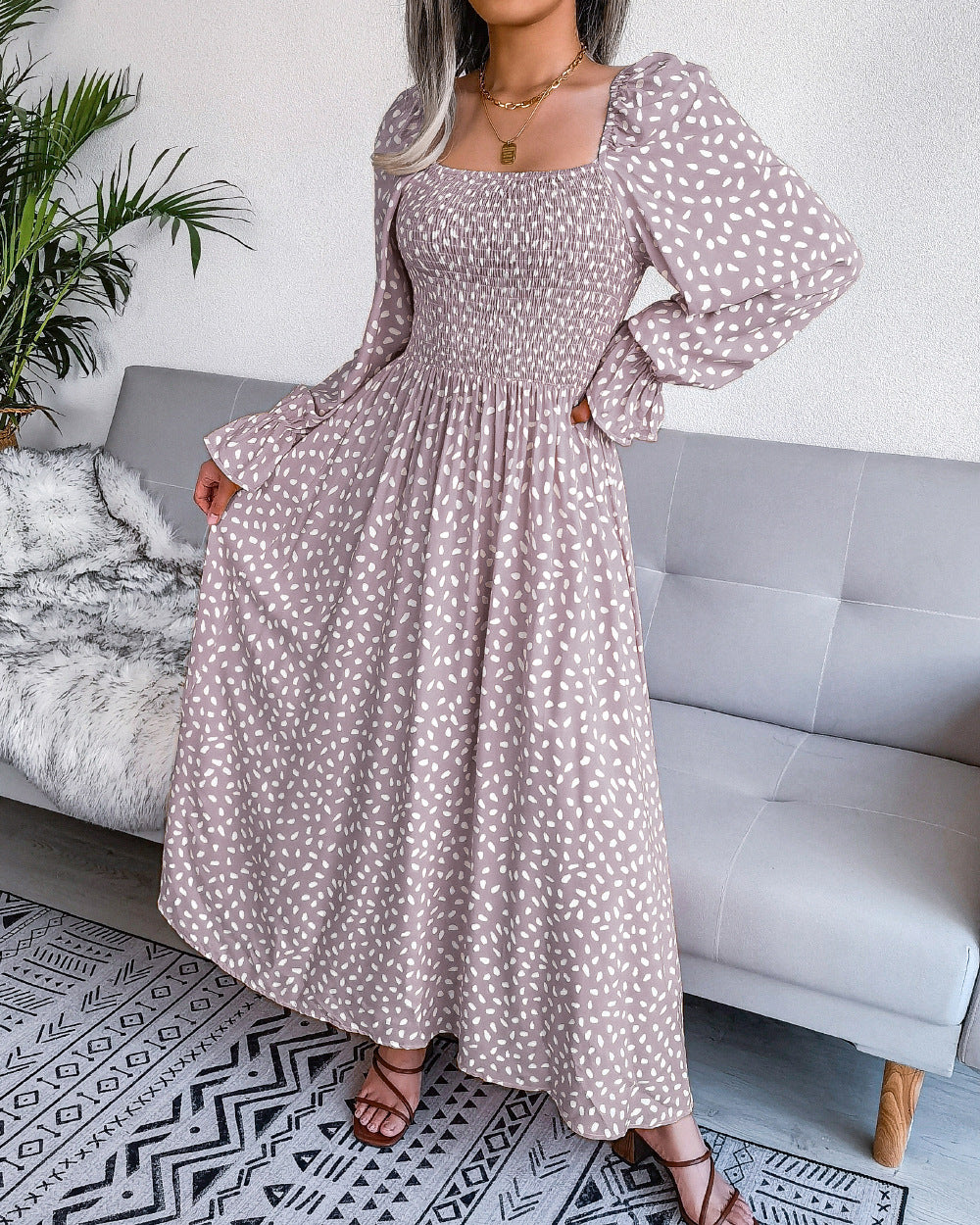 Women Fashion Casual Vacation Beach Dot Print Square Collar Long Sleeve Maxi Dress