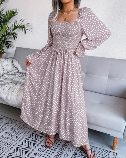 Women Fashion Casual Vacation Beach Dot Print Square Collar Long Sleeve Maxi Dress