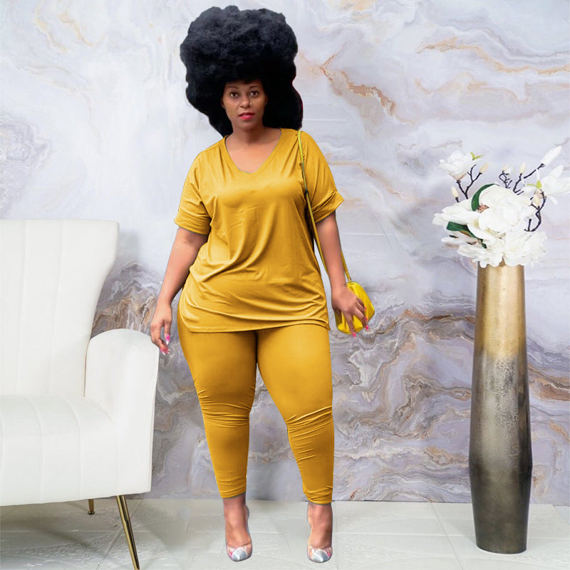 Conjunto de dos piezas para mujer, informal, de talla grande, color liso, con escote en V, camiseta holgada con abertura y pantalones ajustados