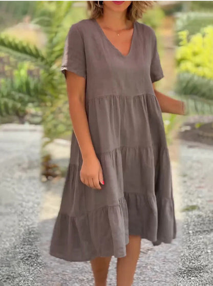 Vestido holgado informal de manga corta con cuello en V para mujer