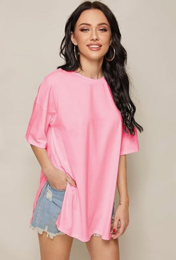 Summer Women Casual Solid Color Round Neck Short Sleeve Split T-Shirt