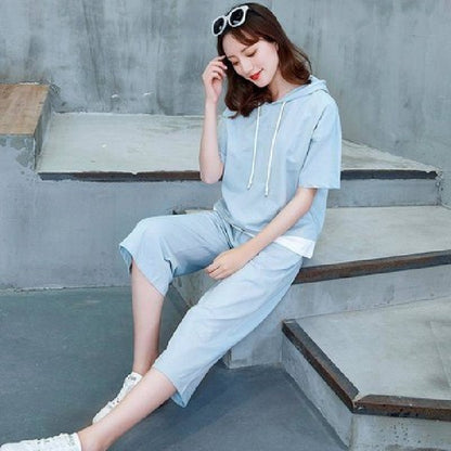 Women Casual Sports Short-Sleeved Hooded Top Pants Two-Piece Set