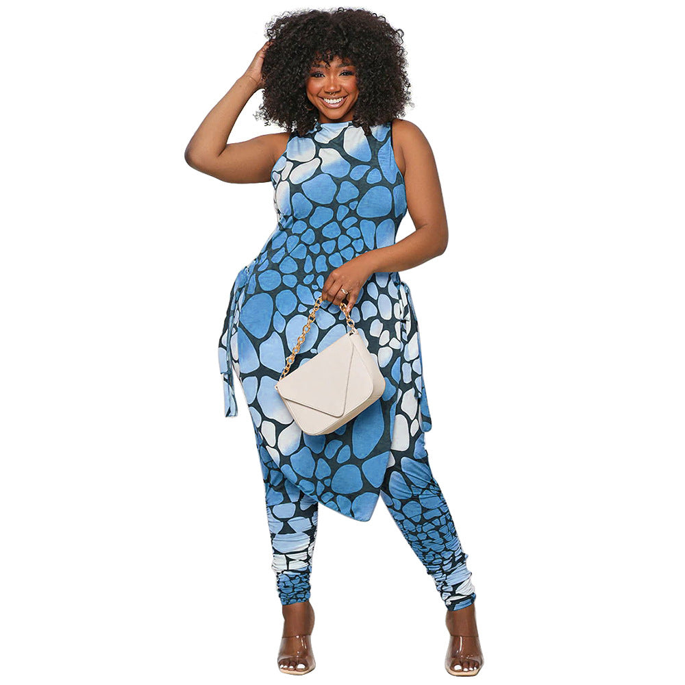 Conjunto de dos piezas informal holgado de moda con top y pantalones estampados divididos sin mangas de talla grande para mujer