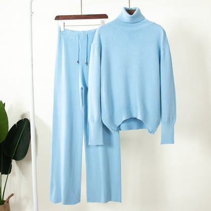 Suéter de punto de cuello alto de color liso para mujer, conjunto de dos piezas con pantalones anchos informales para otoño e invierno