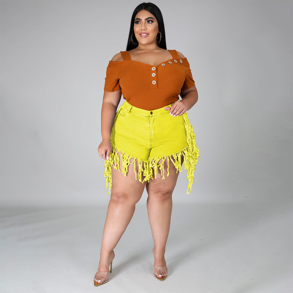 Women Fashion Casual Rothle Tassel Sanding Denim Shorts