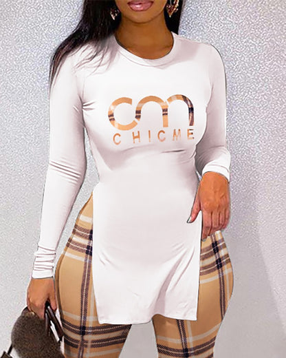 Conjunto deportivo informal de manga larga con cuello redondo y pantalones ajustados para mujer