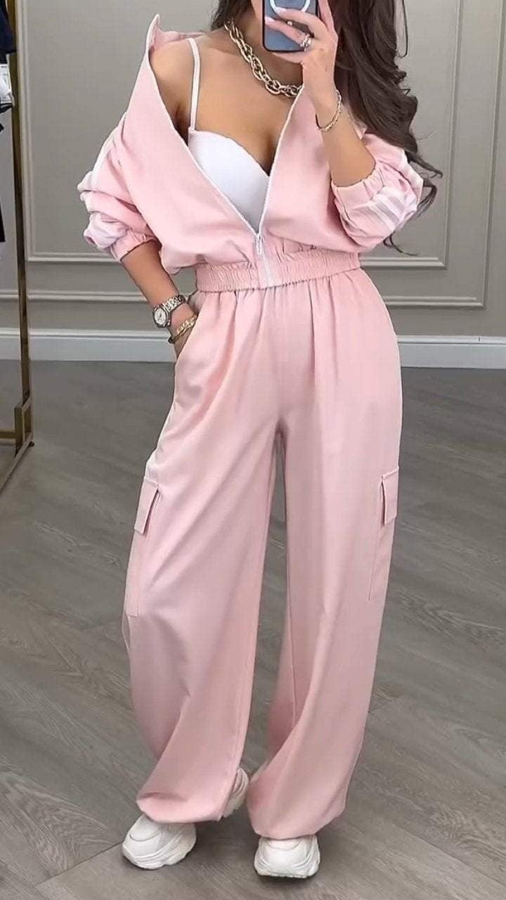 Conjunto de sudadera y pantalones casuales de moda para mujer, estilo deportivo, a rayas, de manga larga y con cremallera, para invierno y otoño