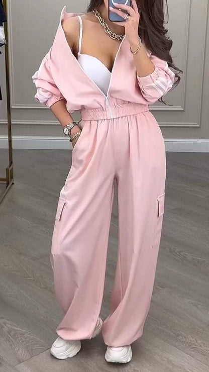 Conjunto de sudadera y pantalones casuales de moda para mujer, estilo deportivo, a rayas, de manga larga y con cremallera, para invierno y otoño