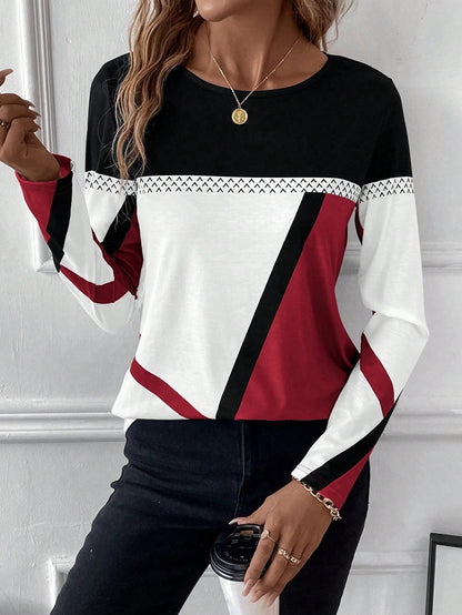 Women Fashion Casual Geometric Print Round Neck Long Sleeve T-Shirt