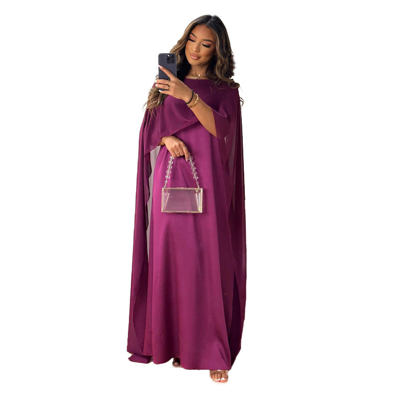 Women Fashion Casual Solid Color Round Neck Loose Abaya Chiffon Maxi Dress