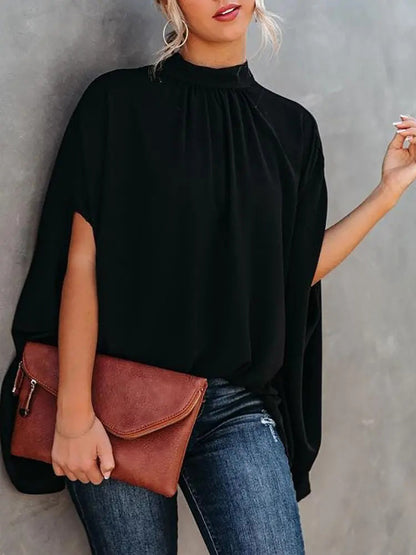 Blusa elegante informal holgada con mangas murciélago y cuello redondo para mujer, ideal para oficina y verano