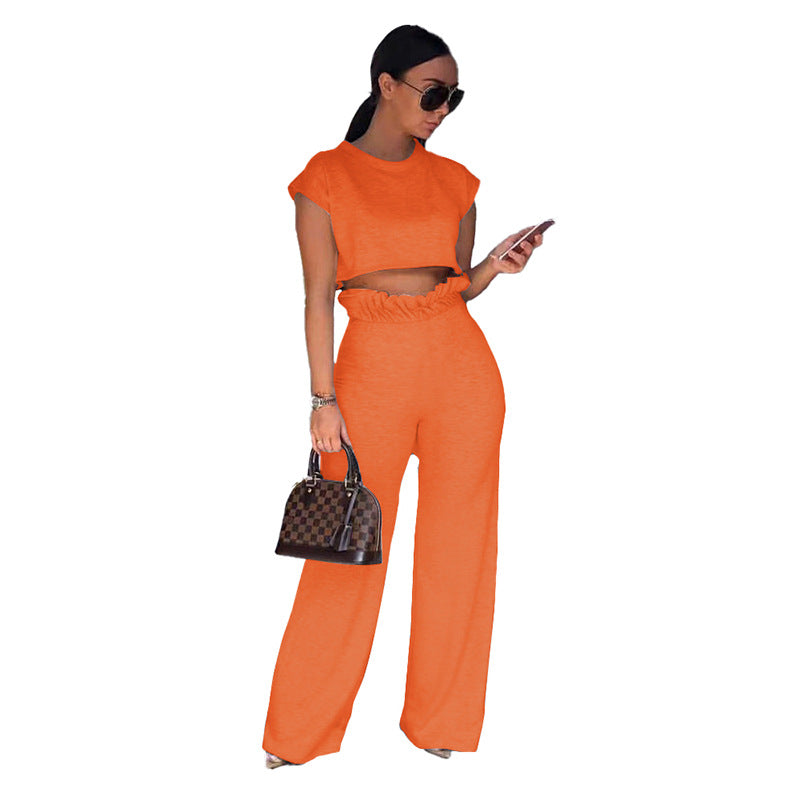 Conjunto de dos piezas de pantalones de manga corta de color liso informal a la moda para mujer