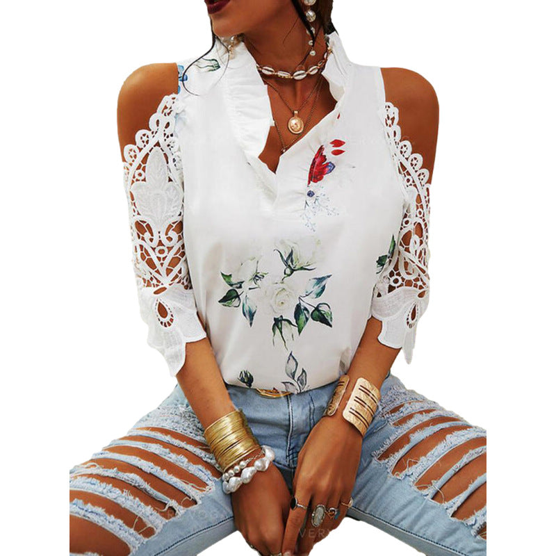 Blusa informal de verano para mujer, con estampado floral, hombros descubiertos, encaje y patchwork, de manga larga