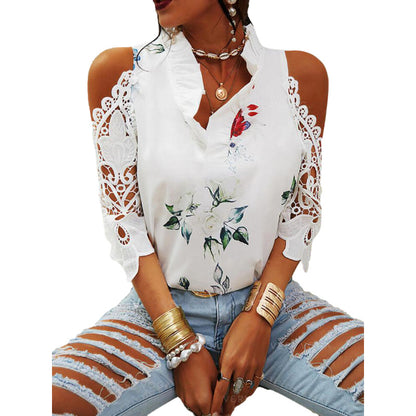 Blusa informal de verano para mujer, con estampado floral, hombros descubiertos, encaje y patchwork, de manga larga