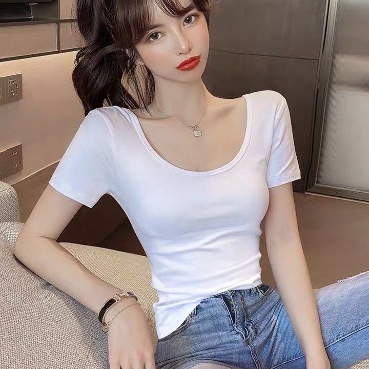 Camiseta informal de manga corta con cuello en U y color liso para mujer