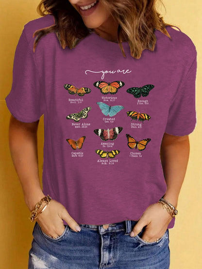Camiseta informal holgada de manga corta con estampado de mariposas para mujer