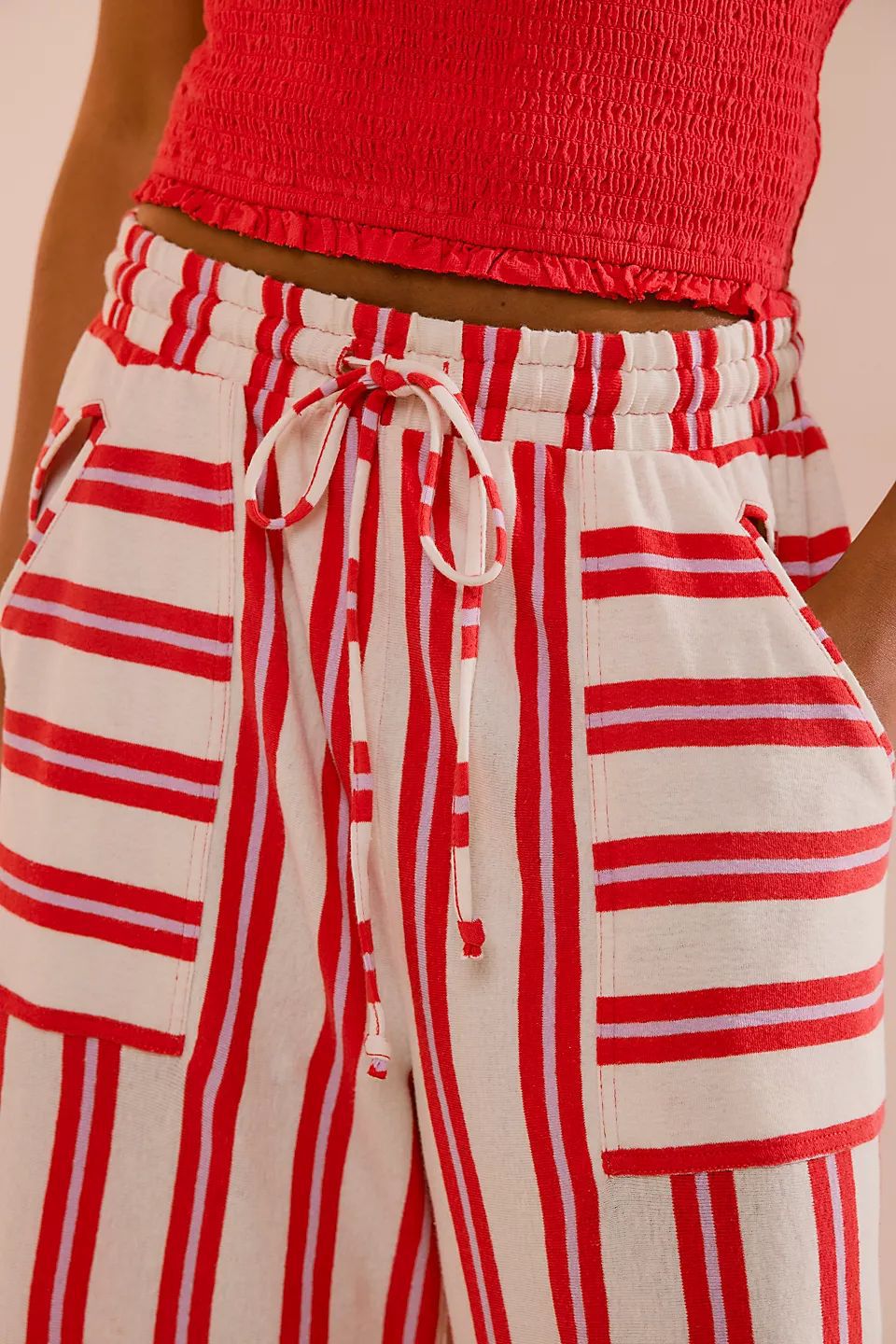 Women Fashion Casual Stripe Pocket Drawstring Wide Leg Pants