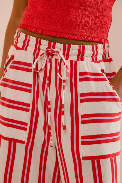 Women Fashion Casual Stripe Pocket Drawstring Wide Leg Pants