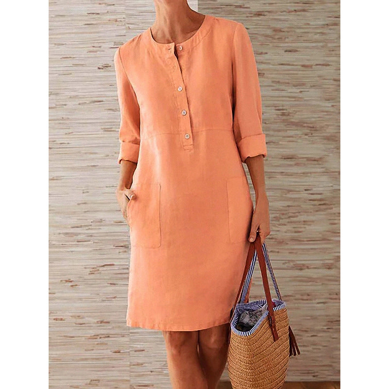 Women'S Casual Solid Color Round Neck Long Sleeve Dress