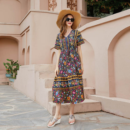 Vestido largo informal floral de manga corta con cuello en V estilo bohemio de talla grande para mujer