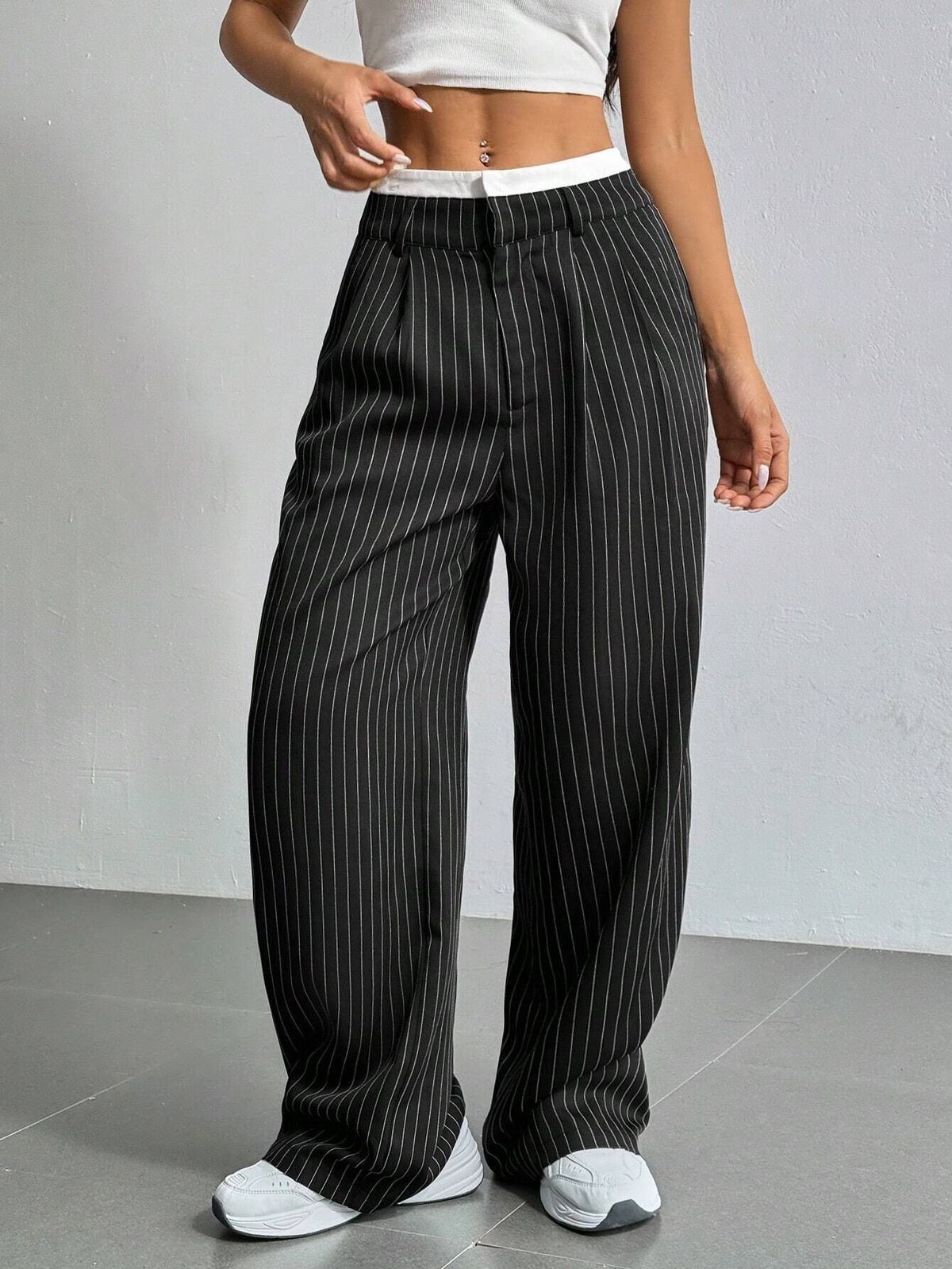 Women Casual Solid Color Stripe High Waist Loose Pants