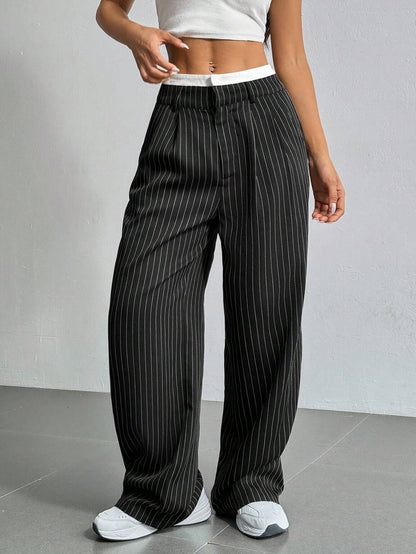 Women Casual Solid Color Stripe High Waist Loose Pants