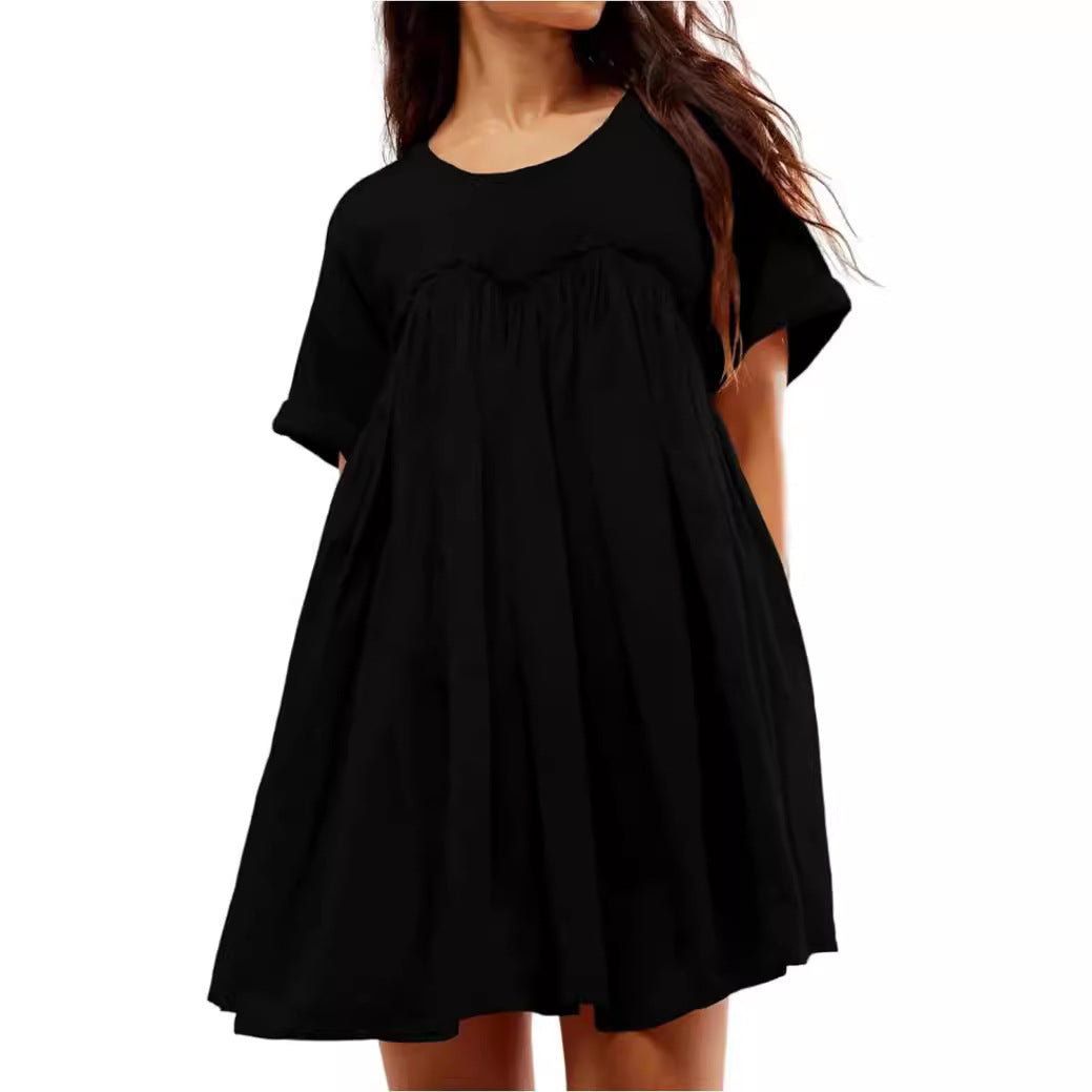 Women Pleated Large Swing Loose Short-Sleeved Casual Loose Dress