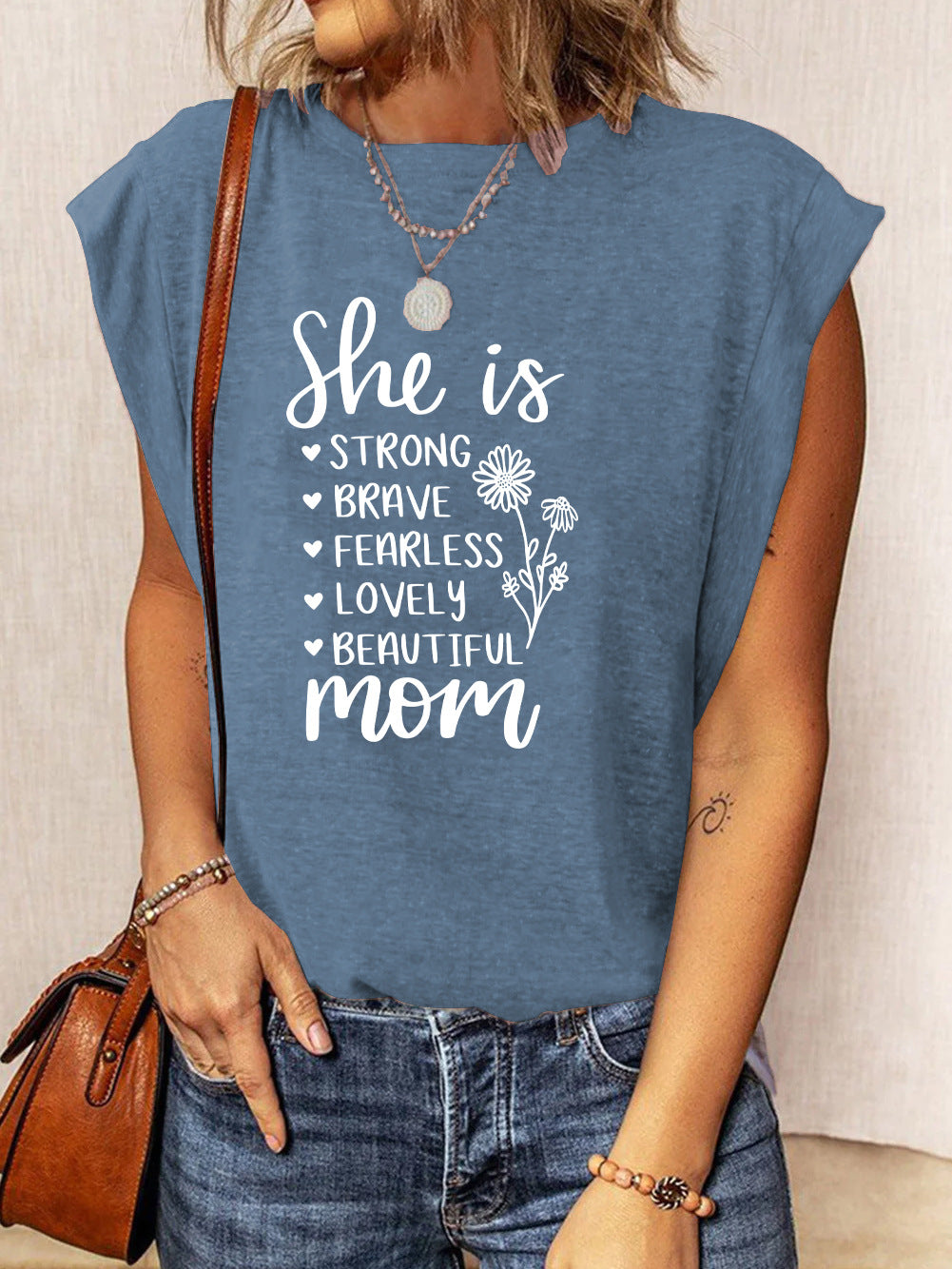 Camiseta informal de verano sin mangas con cuello redondo y estampado de letras del Día de la Madre para mujer