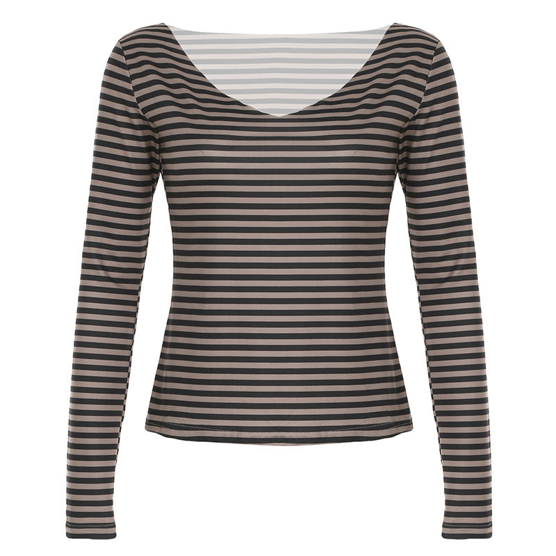 Camiseta informal de verano para mujer con cuello en V y estampado de rayas de manga larga