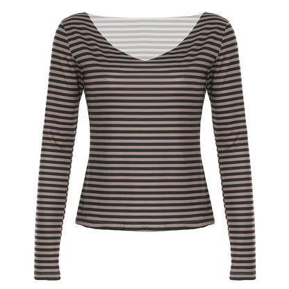 Camiseta informal de verano para mujer con cuello en V y estampado de rayas de manga larga