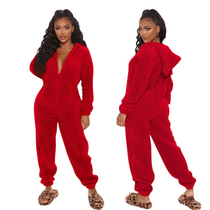 Women Long Sleeve Hooded Plush Casual Jumpsuits Pajamas