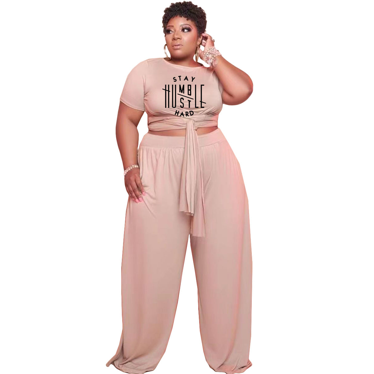 Conjunto de dos piezas de moda para mujer, talla grande, informal, con estampado de letras, manga corta y pantalones rectos