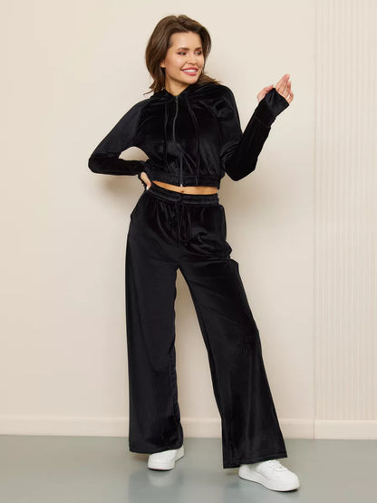 Conjunto de dos piezas de cárdigan con cremallera y pantalones de terciopelo con cordones para mujer, informal y a la moda.