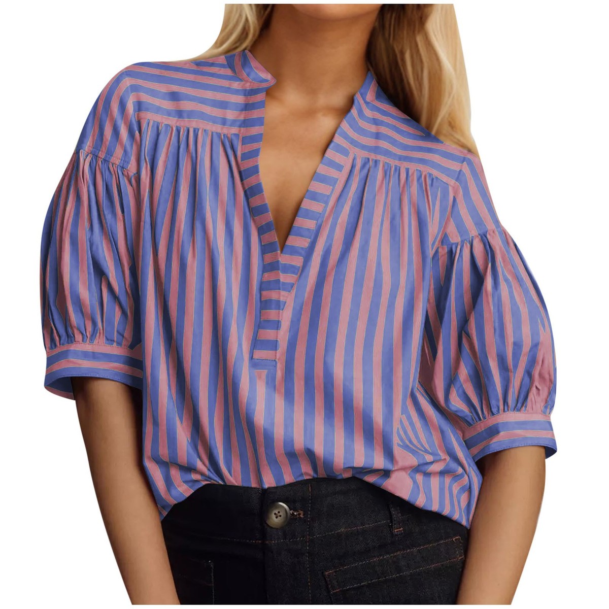 Blusa informal de manga larga con cuello en V y costuras a rayas para mujer