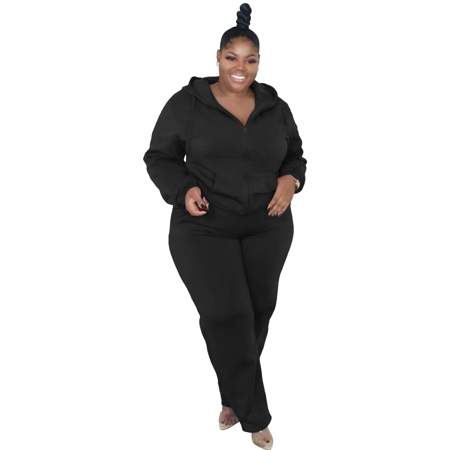 Conjunto de dos piezas de sudadera con capucha y pantalones de manga larga con cremallera y talla grande de color liso informal para mujer