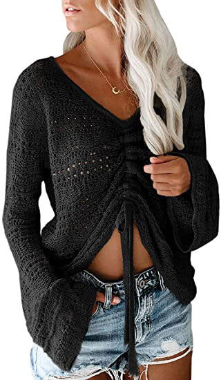 Women Casual Fashio V Neck Flare Long Sleeve Drawstring Knitted Sweater