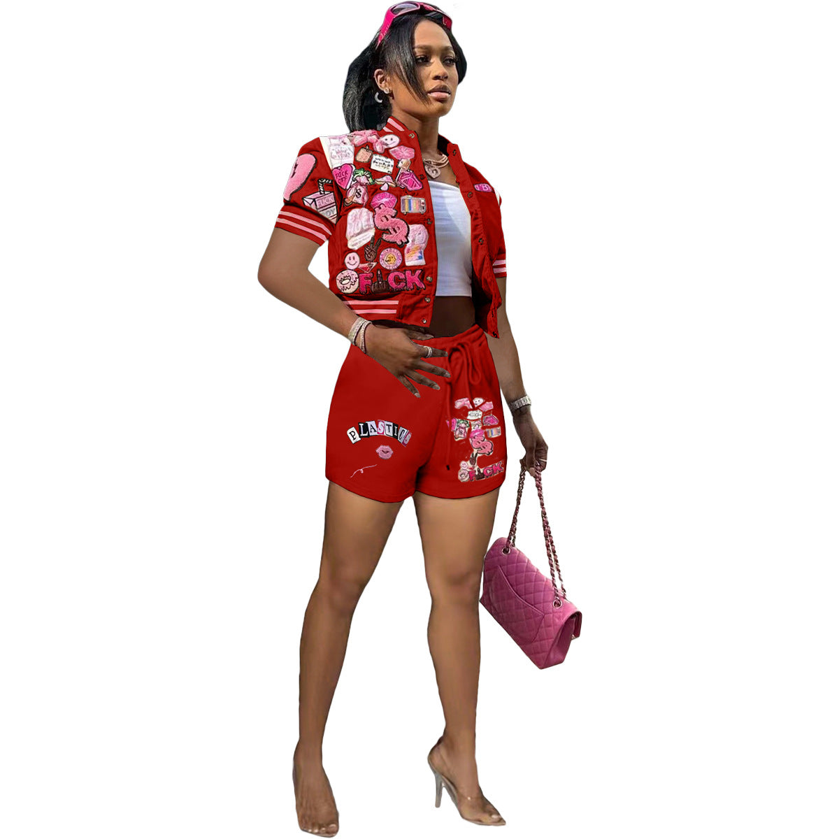 Fashion Ladies Casual Graphic Printing Short Sleeve Top Slim Fit Shorts Set