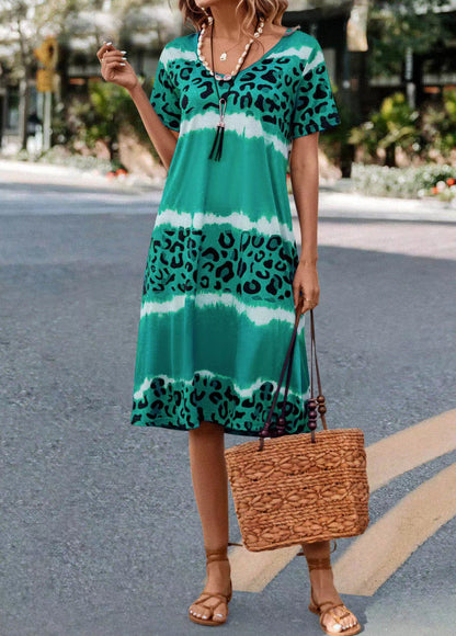 Vestido holgado informal de manga corta con cuello en V y estampado de leopardo para mujer