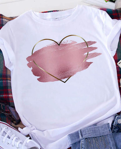 Camiseta informal de manga corta con estampado de corazón para mujer